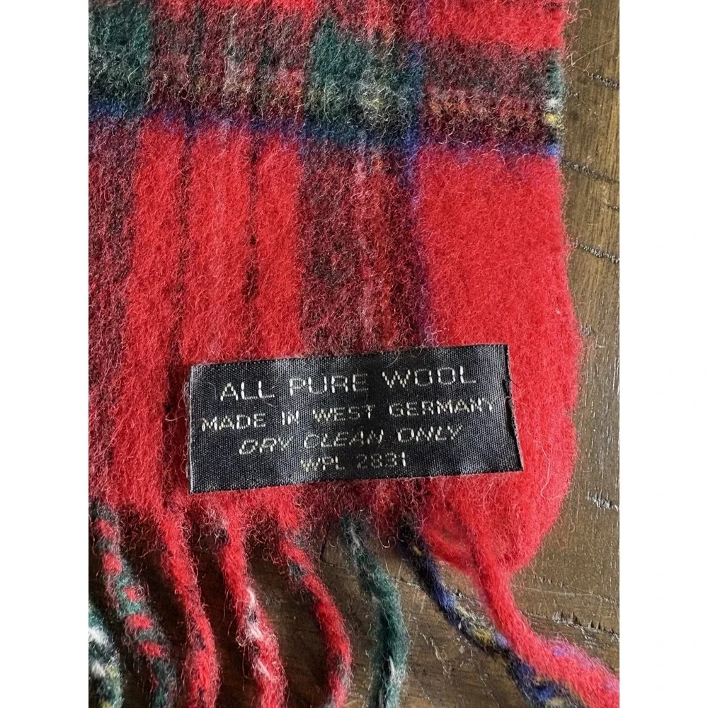 VTG 100% Wool‎ West Germany Plaid Tartan Scarf Red Blue Grandpacore Old Money